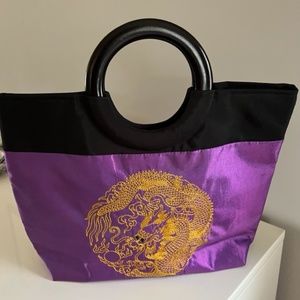 Purple and Gold Silk Ring Handle Tote- Madame Butterfly. Never Used